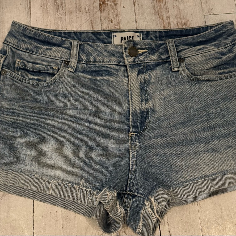 PAIGE Blue Jean Shorts Distressed Raw Hem